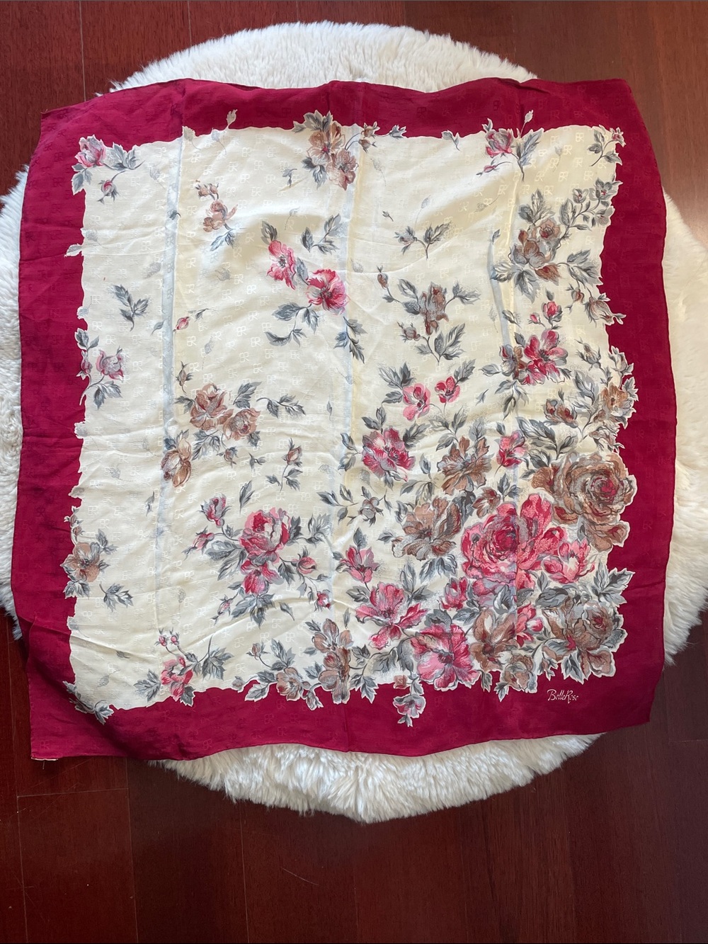 Bellerose Cream Square Scarf with Deep Red Floral Border